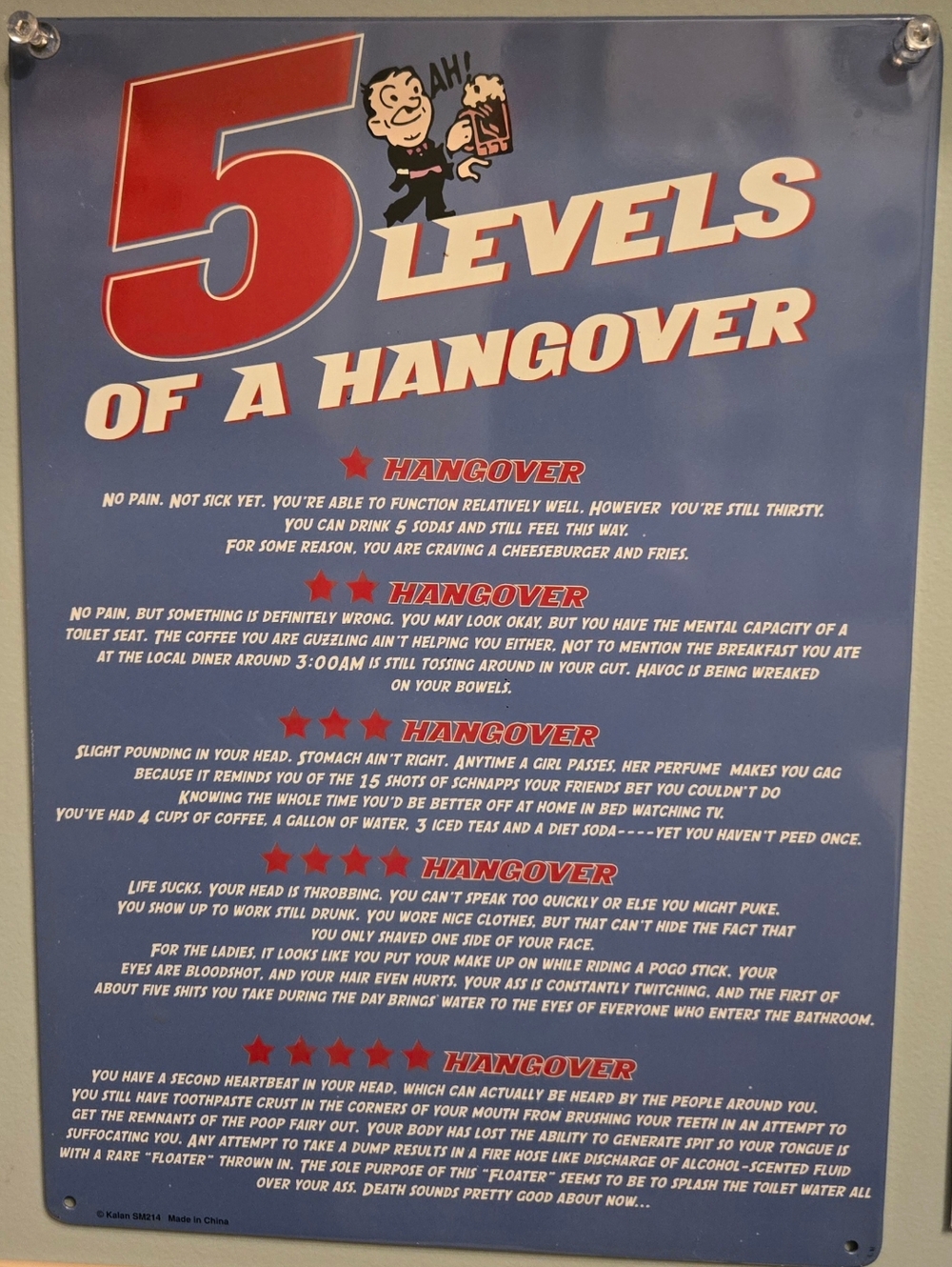 5 Levels of a Hangover Metal Sign - Blue & Red